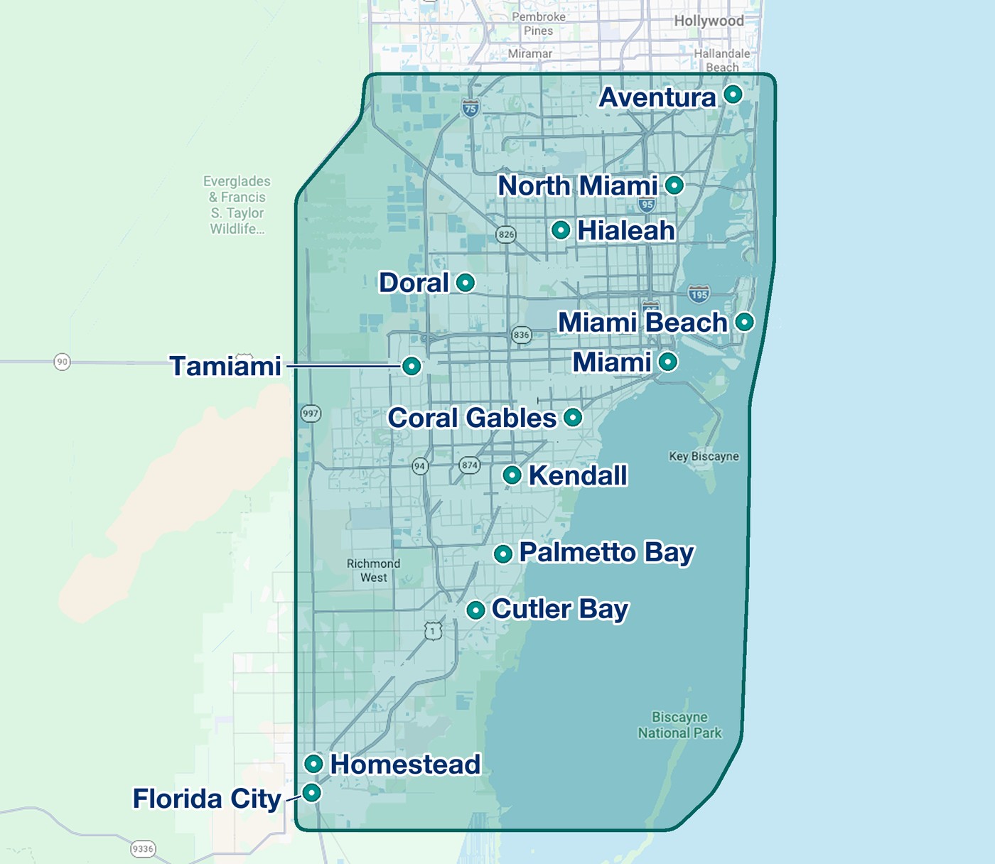 Map of the Island Restrooms service area covering Miami-Dade County from Aventura to Florida City